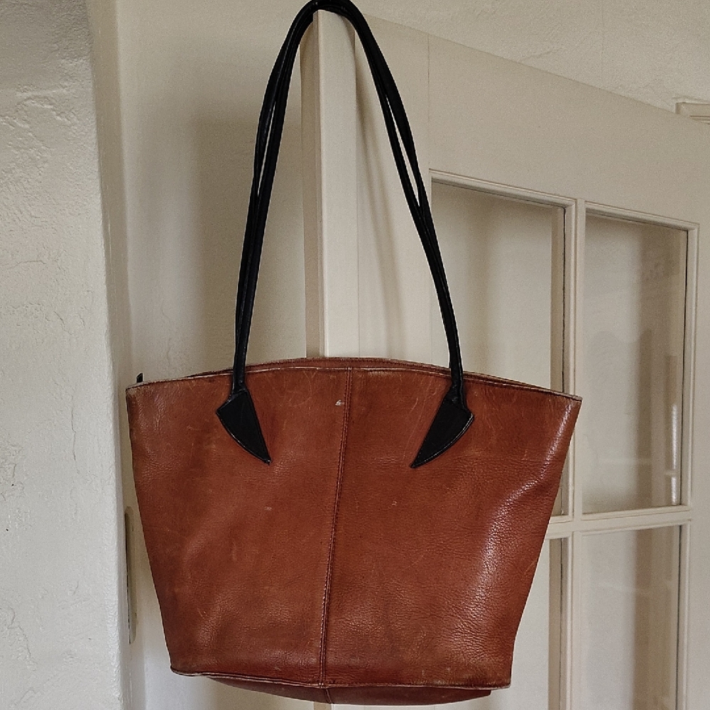 Vintage Graffeo Brown and Black Genuine Leather Tote Bag Made In Columbia